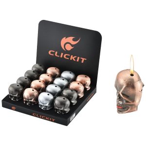 Clickit Skull W/ Light & Sound Lighter 16ct